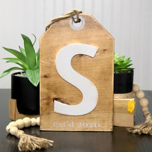 Load image into Gallery viewer, Large Wooden Tag Farmhouse Decor Family Sign: Personalized Name or Date, Housewarming, Wedding Gift, Porch Decor
