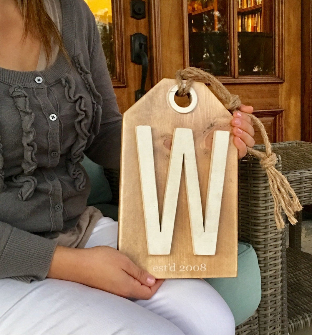 Large Wooden Tag Farmhouse Decor Family Sign: Personalized Name or Date, Housewarming, Wedding Gift, Porch Decor